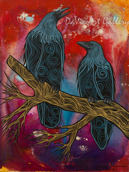 The Story Teller painting by Jackie Traverse showing two crows on a branch