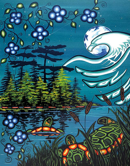 Tranquility artwork by William Monague showing relationships among land, water, animals, and sky