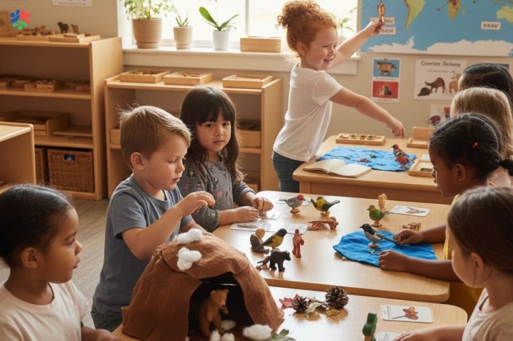 Children using animal toys and natural materials for storytelling play